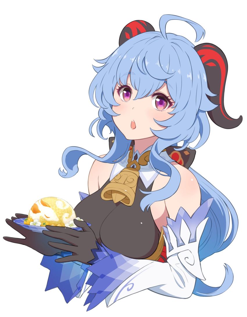 1girl absurdres ahoge bare_shoulders bell black_gloves blue_hair blush bow breasts chestnut_mouth detached_sleeves food ganyu_(genshin_impact) genshin_impact gloves gold_trim highres holding holding_food horns long_hair looking_at_viewer low_ponytail medium_breasts neck_bell prosperous_peace_(genshin_impact) purple_eyes sidelocks solo upper_body warabi_yuuzou white_background white_sleeves