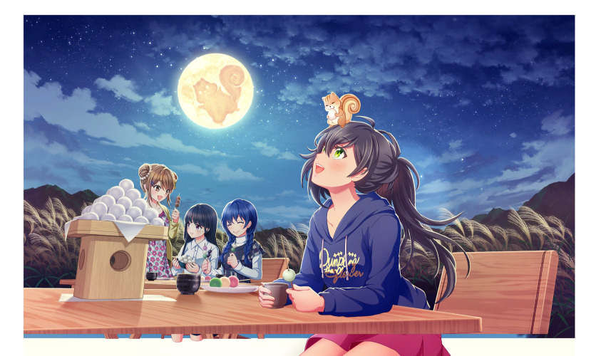 4girls :d ^_^ akino_komugi beads black_hair blue_hair blue_hoodie border bow braid brown_eyes brown_hair cardigan cinderella_series closed_eyes closed_mouth cloud collared_shirt cup dango double_bun eating floral_print_dress food full_moon game_cg green_eyes hachigatsu_no_cinderella_nine hair_beads hair_bow hair_bun hair_ornament hairclip high_ponytail highres holding holding_cup holding_skewer hood hoodie kondou_saki long_hair long_sleeves low_twin_braids moon multiple_girls nagai_kanako night night_sky nitta_minako non-web_source official_art on_chair open_cardigan open_clothes open_mouth outdoors purple_eyes red_shorts sanbou shirt shorts sitting skewer sky smile solo_focus squirrel susuki_grass table tsukimi tsukimi_dango twin_braids upper_body wagashi white_border white_shirt wooden_chair wooden_table yellow_bow yellow_cardigan yellow_moon