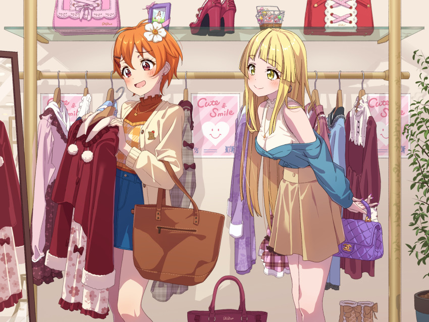 2girls bag bang_dream! blonde_hair blush breasts cardigan clothes clothes_hanger clothes_rack commentary_request earrings elbow_carry feet_out_of_frame floral_print flower hair_between_eyes hair_flower hair_ornament hairclip handbag highres holding holding_bag holding_clothes_hanger holding_unworn_clothes indoors jewelry kitazawa_hagumi long_hair medium_breasts miniskirt mirror multiple_girls off_shoulder orange_hair red_eyes short_hair skirt small_breasts smile standing tsurumaki_kokoro yazawa_happyaro yellow_eyes