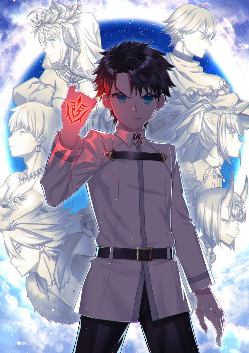 1boy ahoge angry black_hair blue_eyes blue_sky body_markings character_request cloud cloudy_sky colorless fate_(series) fujimaru_ritsuka_(male) hand_markings horns oni sagiyama serious shuten_douji_(fate) sky smile statue tagme tattoo tattoo_on_hand