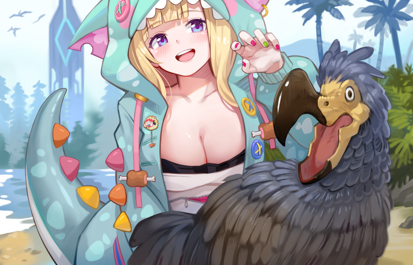 1girl absurdres aki_rosenthal aki_rosenthal_(gaming_casual) animal_hood badge bird blonde_hair blue_eyes blunt_bangs blush breasts button_badge claw_pose cleavage collarbone commentary creature dinosaur_costume dodo_(bird) drawstring highres hololive hood hood_up island jacket large_breasts long_sleeves nail_polish official_alternate_costume open_clothes open_jacket overalls palm_tree riding riding_bird smile solo strapless symbol-only_commentary teeth tree tube_top upper_teeth_only virtual_youtuber white_overalls yoshikawa_hiro