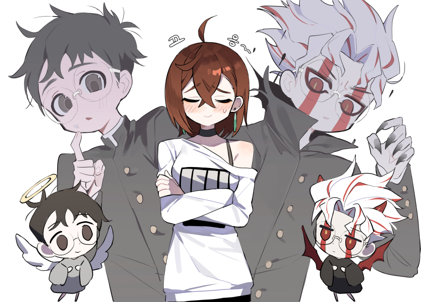 1boy 1girl alternate_form angel angel_and_devil angel_wings ayase_momo black_choker black_hair black_jacket black_nails blush bra_strap brown_hair chibi chibi_inset choker closed_eyes closed_mouth crossed_arms dandadan demon demon_horns demon_wings dual_persona earrings facial_mark facing_viewer full_body gakuran glasses hair_behind_ear hair_between_eyes halo highres horns jacket jewelry long_sleeves looking_at_another off-shoulder_shirt off_shoulder official_alternate_costume red_eyes round_eyewear school_uniform seizou_hidzuke shirt short_hair single_bare_shoulder smile sweatdrop takakura_ken_(dandadan) transformation upper_body white_background white_hair white_shirt wings