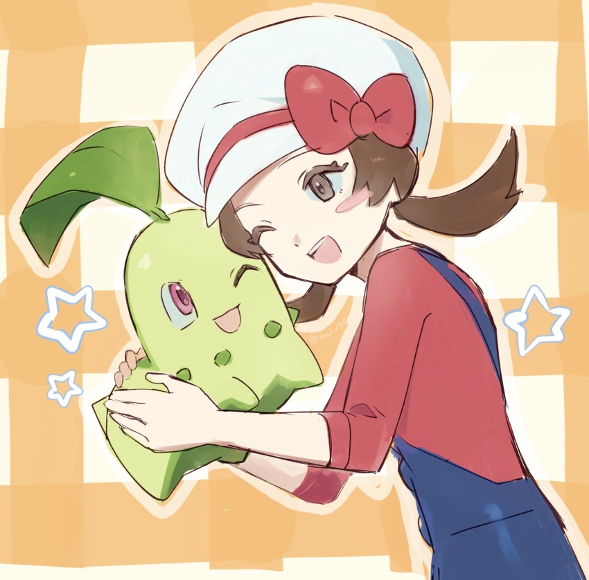 1girl :d blue_overalls blush_stickers bow brown_eyes brown_hair chikorita commentary_request creatures_(company) from_side game_freak gen_2_pokemon happy hat hat_bow highres long_hair lyra_(pokemon) nintendo open_mouth overalls pokemon pokemon_(creature) pokemon_hgss red_bow red_shirt shirt sleeves_past_elbows smile star_(symbol) teeth twintails upper_teeth_only w21._(bwbw6615) white_hat