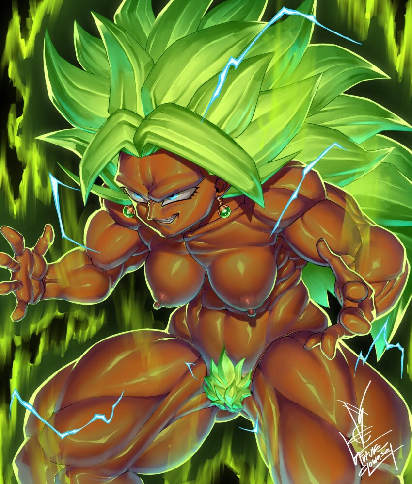 1girl aura blue_eyes breasts dragon_ball dragon_ball_multiverse dragon_ball_super earrings future_clownset green_hair green_pubic_hair grin highres jewelry kefla_(dragon_ball) medium_breasts muscular muscular_female nipples no_eyebrows pubic_hair smile super_saiyan super_saiyan_3 teeth