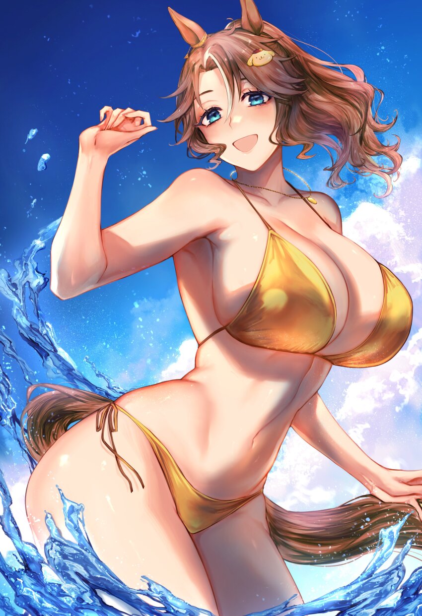 :d absurdres animal_ears bare_shoulders bikini blue_eyes blue_sky blush breasts brown_hair cleavage collarbone commission gold_bikini hair_ornament hand_up highres horse_ears horse_girl horse_tail jewelry large_breasts long_hair looking_at_viewer mejiro_palmer_(umamusume) milk4290 multicolored_hair navel necklace ocean open_mouth outdoors ponytail shiny_swimsuit skeb_commission sky smile solo stomach streaked_hair swimsuit tail umamusume water white_hair