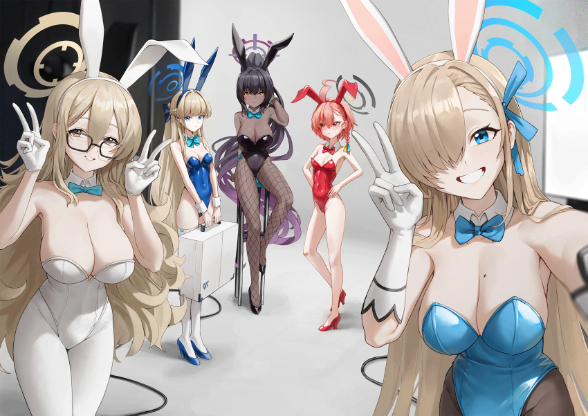 5girls ahoge akane_(blue_archive) akane_(bunny)_(blue_archive) animal_ears asuna_(blue_archive) backdrop black_hair blonde_hair blue_archive blue_eyes braid breasts cable cleaning_&amp;_clearing_(blue_archive) cleavage dark-skinned_female dark_skin detached_collar glasses gloves hair_over_one_eye halo highres karin_(blue_archive) large_breasts leotard long_hair looking_at_viewer matmaj mole multiple_girls neru_(blue_archive) photo_shoot playboy_bunny red_eyes studio toki_(blue_archive) toki_(bunny)_(blue_archive) yellow_eyes