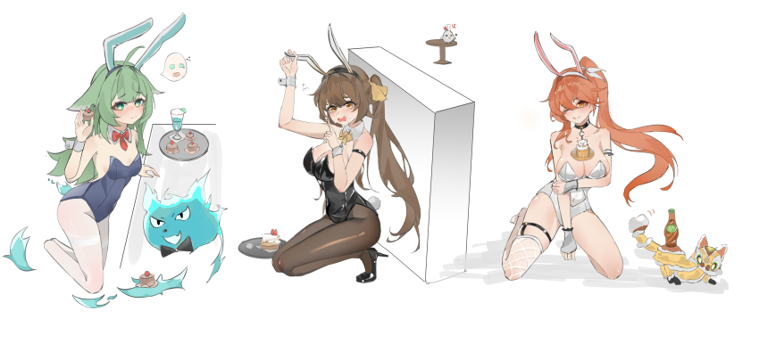 1other 3girls absurdres ahoge alternate_breast_size anger_vein animal_ears armpits black_leotard bow bowtie breasts brown_hair brown_pantyhose cleavage cocktail_glass collar covered_navel cropped_legs cup cupcake diting_(honkai:_star_rail) drinking_glass eyebrows_hidden_by_hair fake_animal_ears finger_to_mouth flying_sweatdrops food food_on_body food_on_breasts full_body ghost gloves green_hair guinaifen_(honkai:_star_rail) hair_between_eyes hand_on_own_arm hiding high_heels highres holding holding_food honkai:_star_rail honkai_(series) huohuo_(honkai:_star_rail) jingwei_(bird) kneeling large_breasts leotard licking_lips light_blush long_hair looking_at_viewer multiple_girls one_eye_closed open_mouth orange_eyes orange_hair pantyhose paw-shaped_pupils playboy_bunny ponytail rabbit_ears red_bow red_bowtie shadow shushing sideboob simple_background small_breasts smile soda_bottle squatting stiletto_heels sushang_(honkai:_star_rail) symbol-shaped_pupils tail_(honkai:_star_rail) tongue tongue_out tray twintails very_long_hair wavy_mouth white_background white_collar white_gloves white_leotard white_pantyhose white_wrist_cuffs wrist_cuffs yuan_zhen