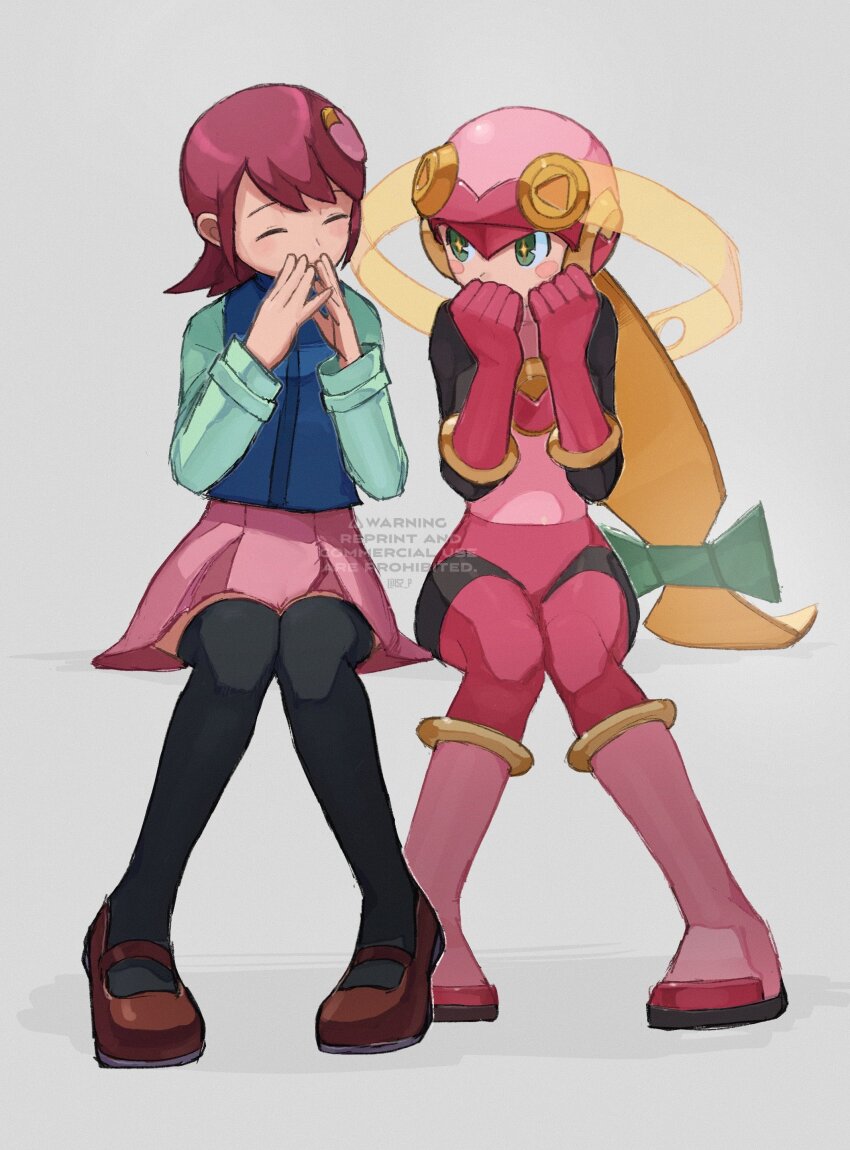 2girls absurdres armor black_thighhighs blush brown_footwear closed_eyes green_eyes hair_ornament hands_on_own_face helmet highres mayl_sakurai_(mega_man) mega_man_(series) mega_man_battle_network_(series) multiple_girls pink_armor pink_skirt red_hair roll.exe_(mega_man) short_hair simple_background skirt tanaka_(is2_p) thighhighs