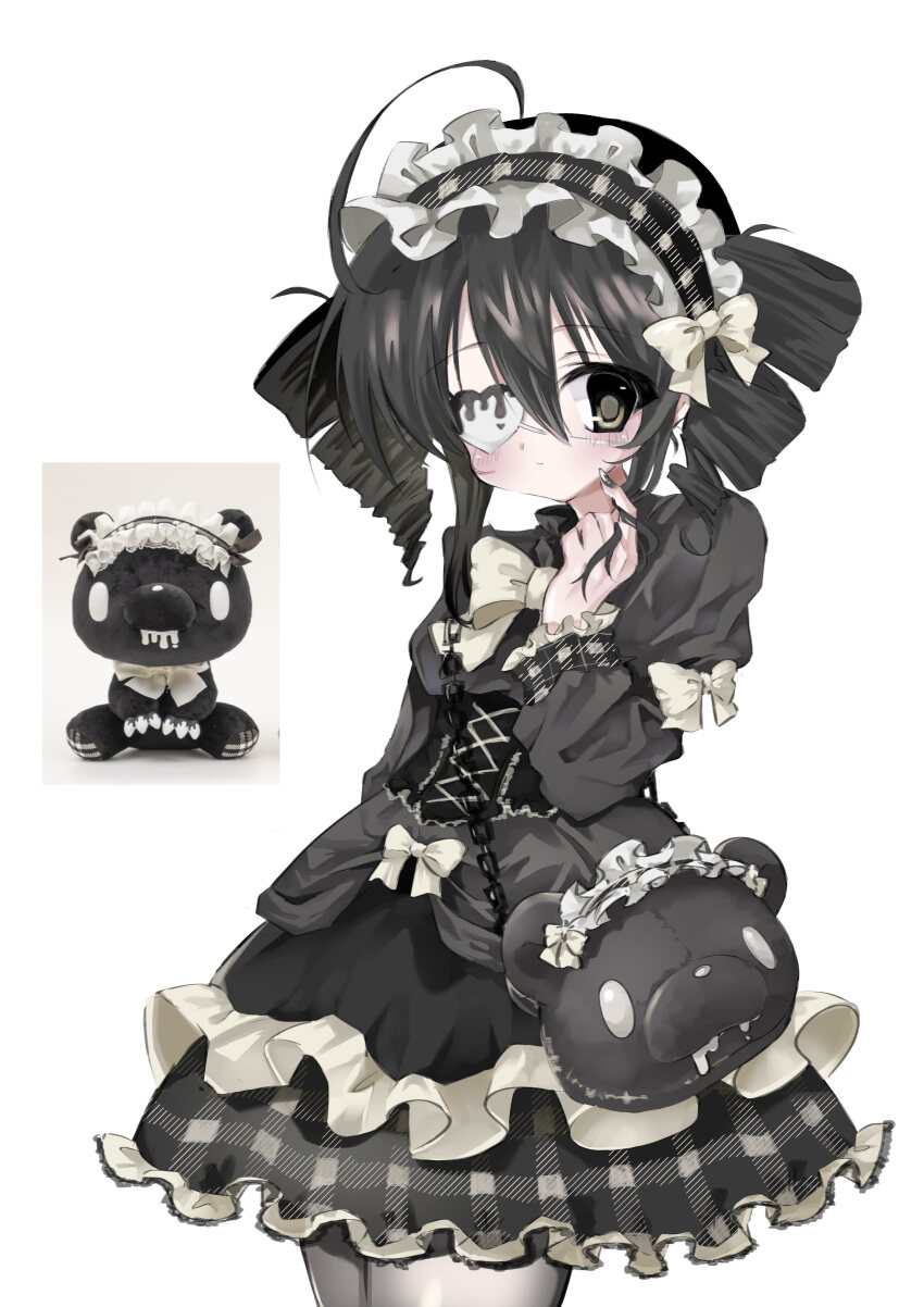 2000s_(style) absurdres ahoge bag black_corset black_dress black_hair bow corset dress drill_hair eyepatch gloomy_bear goth_fashion gothic_lolita hair_bow hairband highres humanization itazuraguma_no_gloomy lolita_fashion lolita_hairband shoulder_bag stuffed_animal stuffed_toy takanashi_(takanya_shi) teddy_bear twin_drills