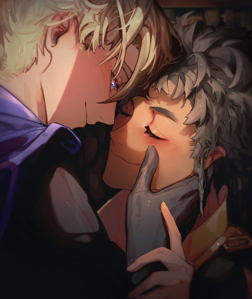 2boys armor black_armor black_gloves blonde_hair blue_cape blue_eyes blush brown_hair cape claude_von_riegan close-up closed_eyes closed_mouth commentary couple dark-skinned_male dark_skin dimitri_alexandre_blaiddyd english_commentary ennec0 fire_emblem fire_emblem:_three_houses forehead-to-forehead garreg_mach_monastery_uniform gloves hair_between_eyes hand_on_another&#039;s_cheek hand_on_another&#039;s_face hand_on_another&#039;s_wrist heads_together highres interracial looking_at_another male_focus multiple_boys nintendo simple_background smile upper_body yaoi