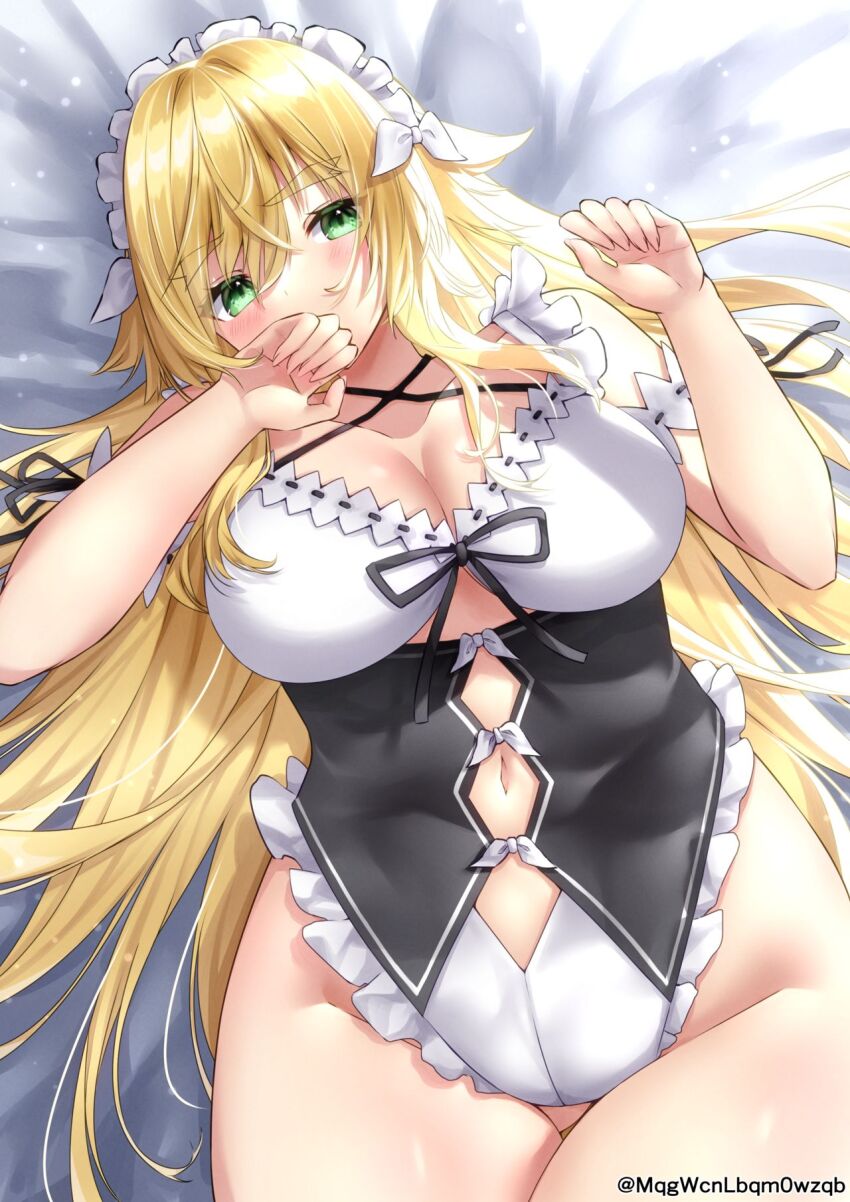 1girl artist_request bed bed_sheet blonde_hair breasts cleavage curvy frederica_baumann green_eyes highres large_breasts long_hair looking_at_viewer lying navel re:zero_kara_hajimeru_isekai_seikatsu roswaal_mansion_maid_uniform solo thick_thighs thighs very_long_hair wide_hips