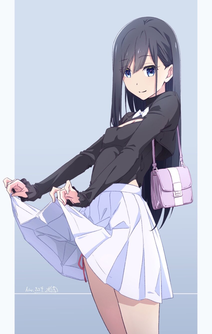 black_hair black_shirt blue_background blue_eyes bow bowtie breasts closed_mouth clothes_lift commentary_request highres lifting_own_clothes long_hair looking_at_viewer monai-chan_(nii_manabu) nii_manabu original pink_bag shirt skirt skirt_lift small_breasts smile standing thighs two-tone_background white_bow white_bowtie white_skirt