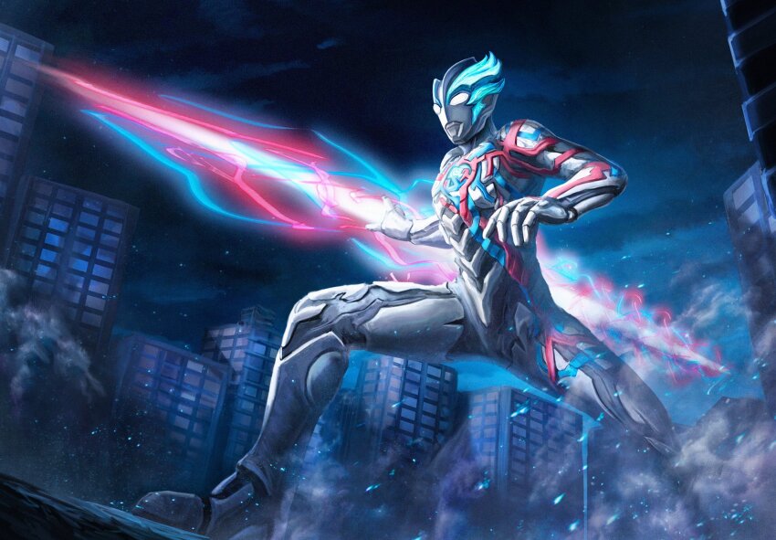 1boy alien arm_up asymmetrical_horns blue_eyes blue_horns character_name city cityscape color_timer contrapposto crystal finishing_move glowing glowing_eyes highres holding holding_polearm holding_weapon horns night night_sky orb polearm robuja sky solo spread_legs tokusatsu ultra_series ultraman_blazar ultraman_blazar_(series) weapon