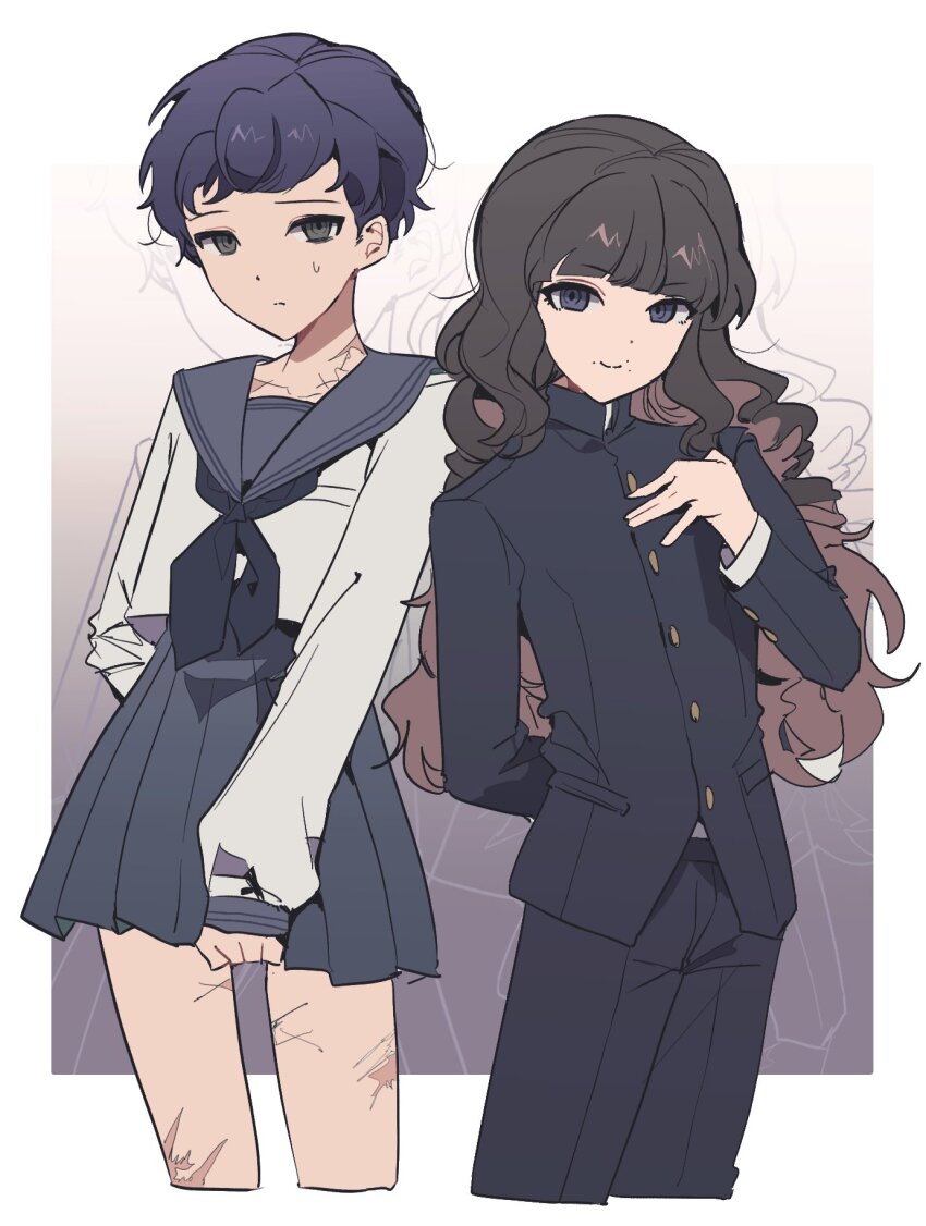 1boy 1girl arm_behind_back black_eyes black_hair black_neckerchief black_pants blunt_bangs border brown_eyes brown_hair closed_mouth cropped_legs crossdressing embarrassed fear_&amp;_hunger fear_&amp;_hunger_2:_termina gakuran gemamamaa gradient_background hand_on_own_chest hashtag-only_commentary highres levi_(fear_&amp;_hunger) long_hair long_sleeves looking_at_viewer marina_(fear_&amp;_hunger) mouth_piercing neckerchief outside_border pants scar scar_on_leg scar_on_neck school_uniform serafuku short_hair skirt skirt_tug smile standing sweat white_border