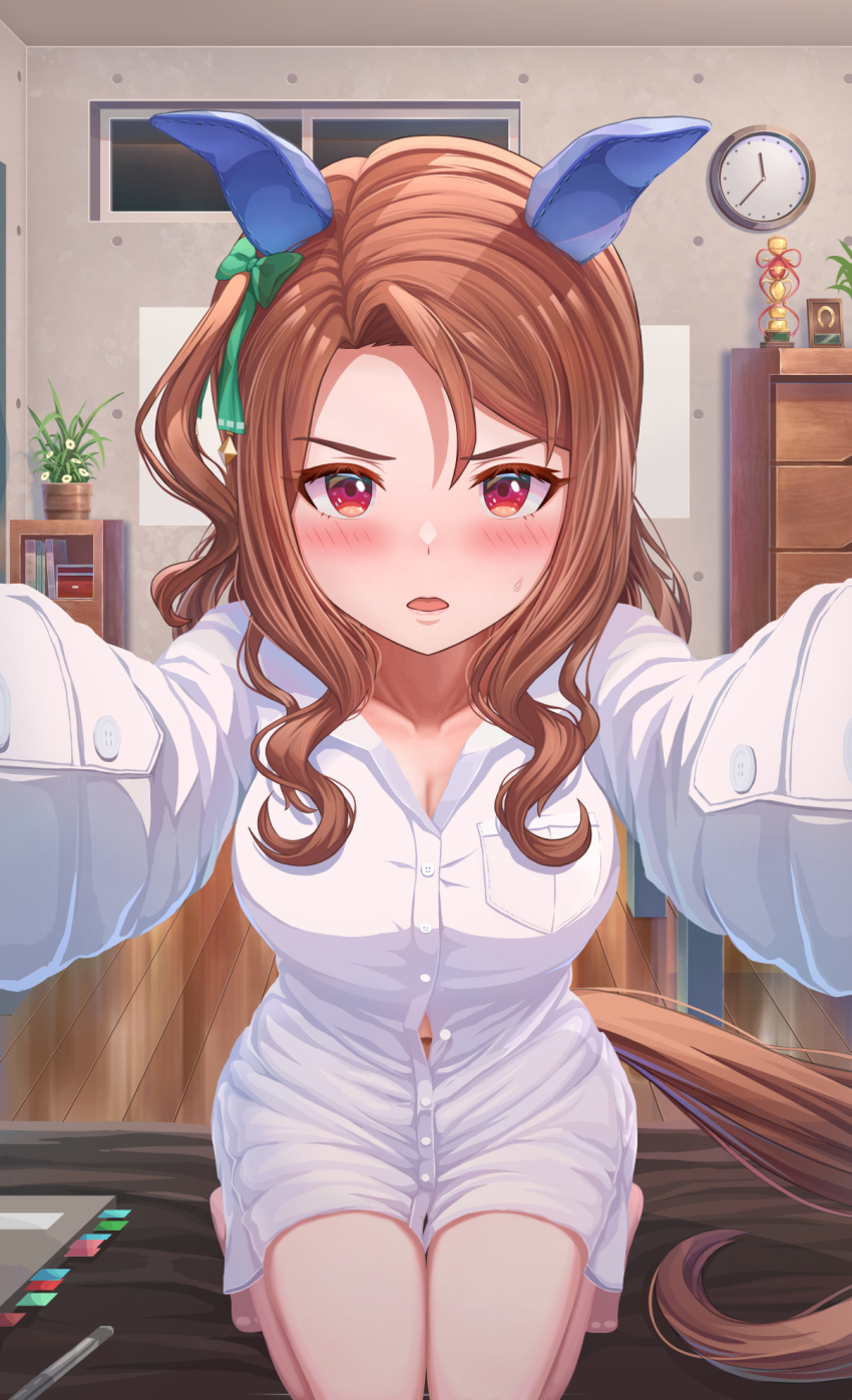 1girl animal_ears bed blush breast_pocket breasts brown_hair button_gap cleavage collarbone collared_shirt ear_covers foreshortening highres horse_ears horse_girl horse_tail imminent_kiss indoors king_halo_(umamusume) large_breasts leaning_forward long_hair long_sleeves looking_at_viewer md5_mismatch naked_shirt navel one_side_up parted_hair pocket pov reaching reaching_towards_viewer red_eyes resolution_mismatch seiza shirt sitting source_smaller swept_bangs tail tamikko umamusume wavy_hair white_shirt wooden_floor