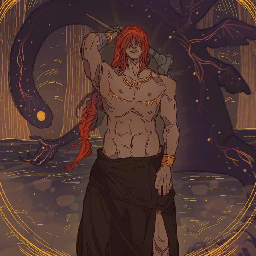 1boy abs black_skirt bodypaint bracelet braid elden_beast elden_ring gold_bracelet gold_necklace hair_over_eyes hammer highres holding holding_hammer jewelry long_hair male_focus mastectomy_scar muscular muscular_male necklace radagon_of_the_golden_order red_hair scar scar_on_chest side_split single_braid skirt snork_lift topless_male