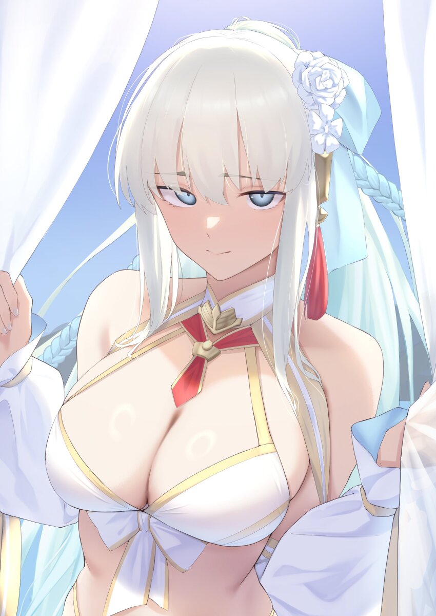 1girl absurdres bare_shoulders bikini blue_eyes braid breasts cleavage detached_sleeves fate/grand_order fate_(series) flower gold_trim hair_flower hair_ornament hair_ribbon highres large_breasts long_hair long_sleeves looking_at_viewer morgan_le_fay_(fate) morgan_le_fay_(water_princess)_(fate) okuma707 ponytail puffy_long_sleeves puffy_sleeves red_brooch ribbon sidelocks smile solo swimsuit twin_braids white_bikini white_hair