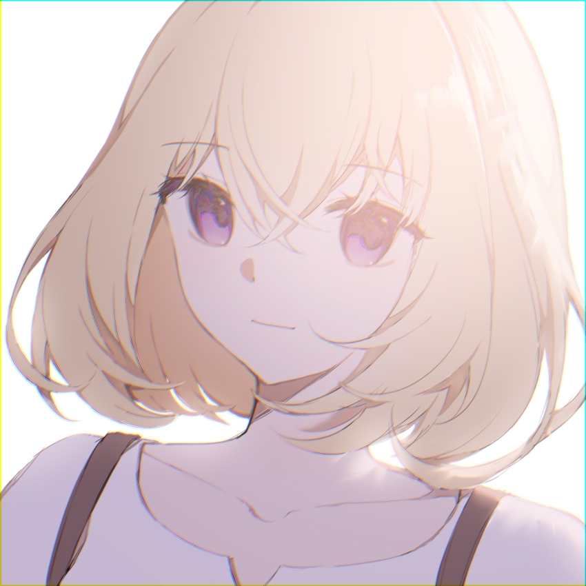 1girl bang_dream! bang_dream!_it&#039;s_mygo!!!!! blonde_hair closed_mouth collarbone commentary_request hair_between_eyes looking_at_viewer misumi_uika purple_eyes qia_(pixiv_56064800) shirt short_hair simple_background smile solo upper_body white_background white_shirt