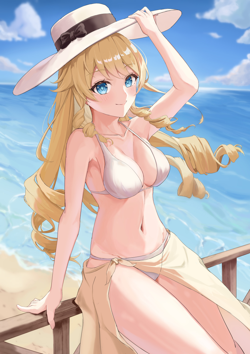 1girl absurdres arm_up beach bikini blonde_hair blue_eyes blush bow breasts brown_bow cape closed_mouth drill_hair genshin_impact hat hat_bow highres long_hair looking_at_viewer medium_breasts navel navia_(genshin_impact) ocean smile solo stomach swimsuit white_bikini white_hat yellow_cape yukineco_0928