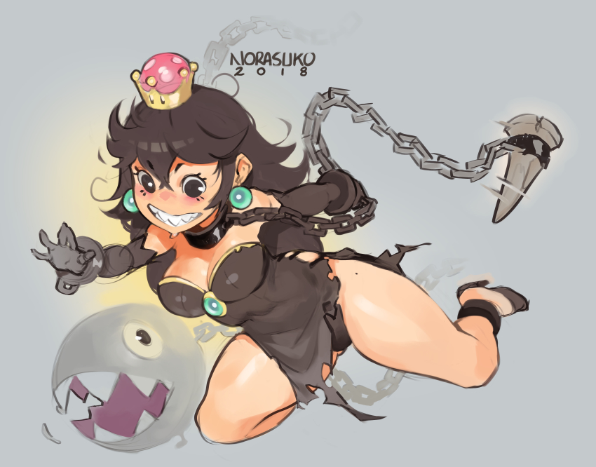 1girl absurdres bare_shoulders black_eyes black_hair blush breasts chain chain_leash cleavage collar cuffs female_focus grin highres leash long_hair mario_(series) medium_breasts new_super_mario_bros._u_deluxe nintendo norasuko princess_chain_chomp sharp_teeth smile solo super_crown teeth