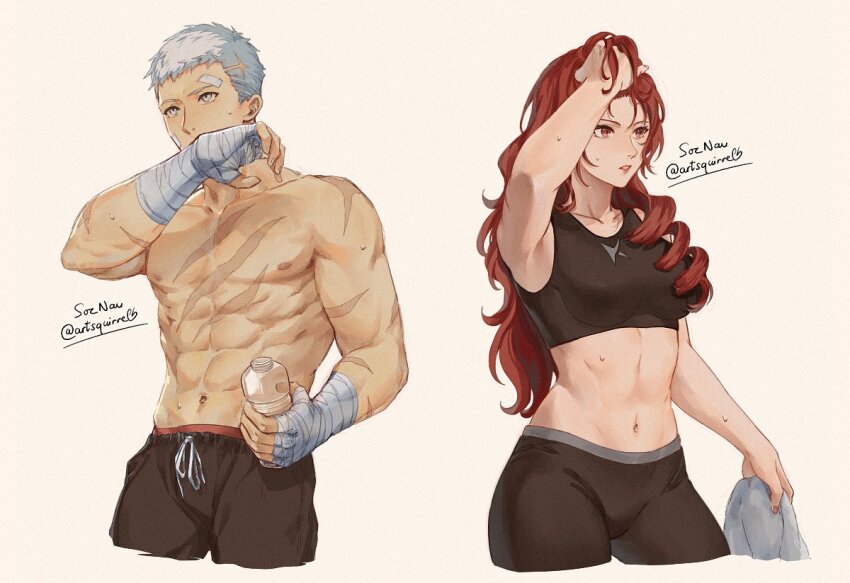 1boy 1girl bottle cropped_legs drill_hair grey_hair hand_in_own_hair hand_on_own_head hand_wraps kirijou_mitsuru muscular muscular_male navel persona persona_3 persona_4:_the_ultimate_in_mayonaka_arena red_hair sanada_akihiko scar scar_on_chest soc_nau sports_bra stomach sweat toned_female towel water_bottle wiping_mouth