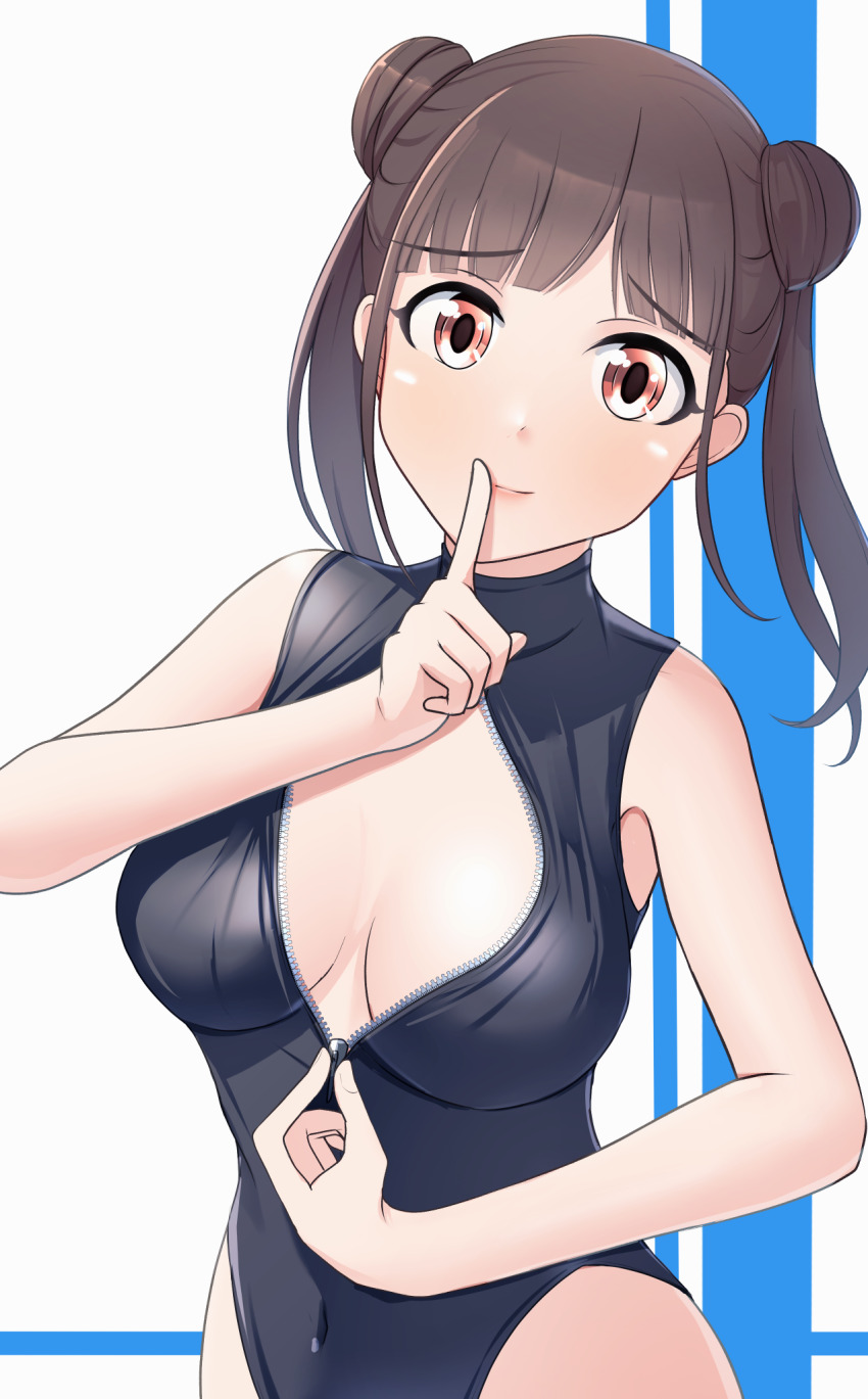 1girl black_one-piece_swimsuit breasts brown_hair covered_navel double_bun finger_to_mouth front_zipper_swimsuit hair_bun highres idolmaster idolmaster_shiny_colors large_breasts looking_at_viewer meme_attire one-piece_swimsuit red_eyes smile solo sonoda_chiyoko swimsuit thames3 unzipping upper_body