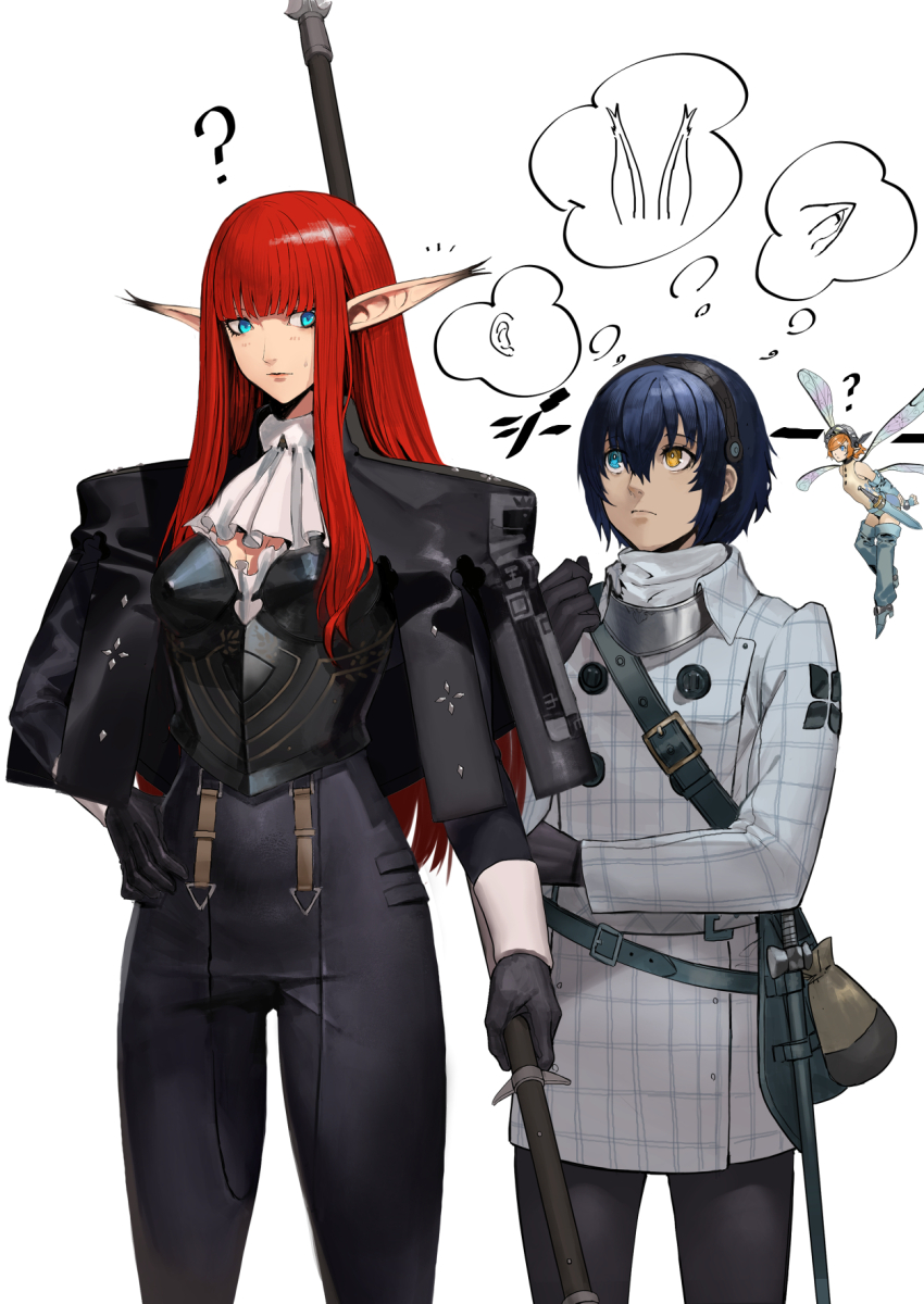 1boy 2girls ? animal_ears armor ascot bag black_armor black_coat black_gloves black_pants blue_eyes blue_hair boots coat cropped_legs fairy fairy_wings gallica_(metaphor:_refantazio) gloves headband heterochromia highres hime_cut holding holding_weapon hulkenberg_(metaphor:_refantazio) light_blush long_hair metaphor:_refantazio multiple_girls multiple_wings pants peperon_(peperou) pointy_ears protagonist_(metaphor:_refantazio) red_hair shirt short_hair speech_bubble sword thought_bubble weapon white_ascot white_background white_shirt wings yellow_eyes