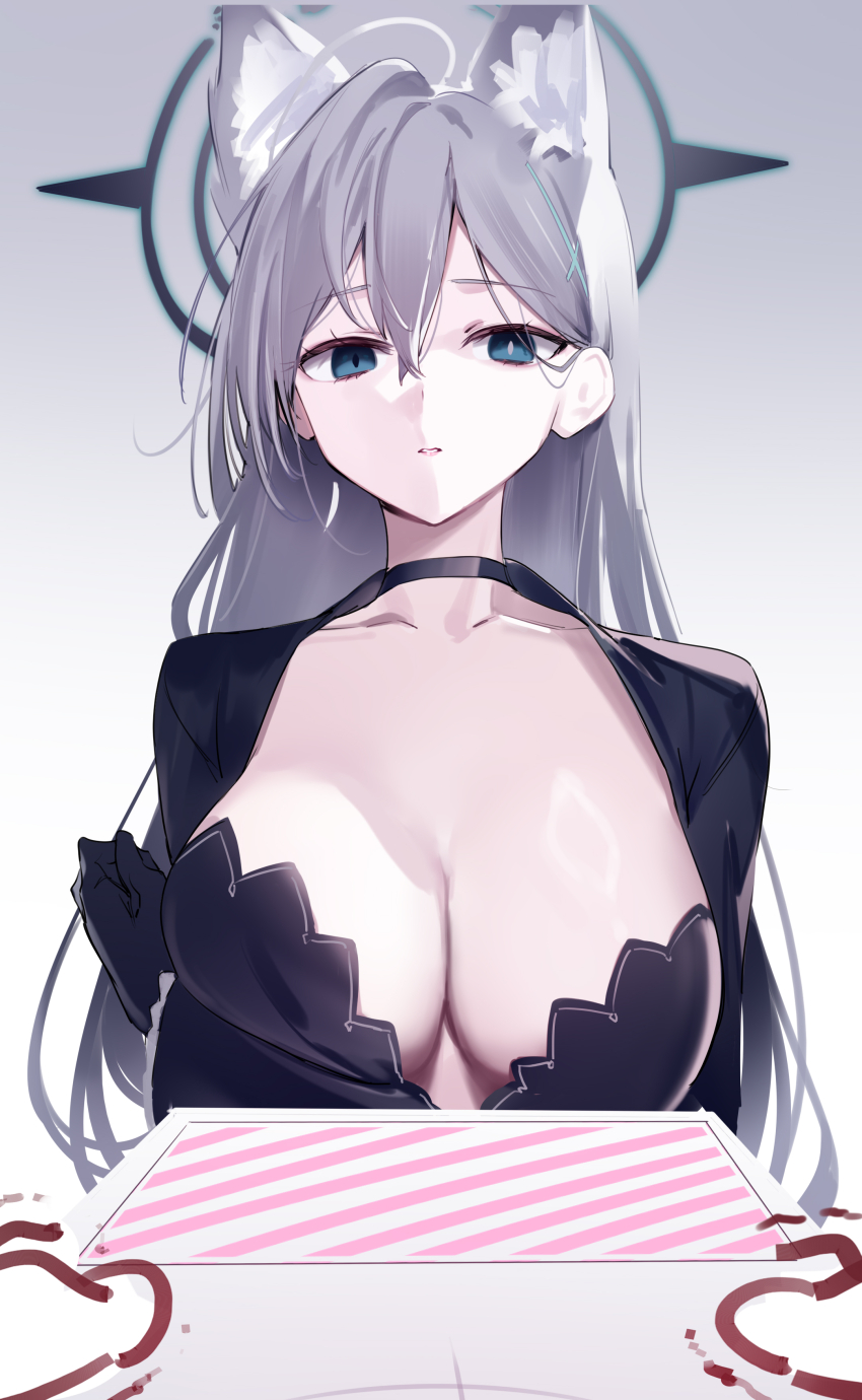 1girl absurdres ahoge animal_ear_fluff animal_ears black_choker black_halo blue_archive blue_eyes breasts bright_pupils choker cleavage collarbone commentary gradient_background grey_background hair_between_eyes halo highres large_breasts looking_at_viewer mismatched_pupils parted_lips revision shiroko_(blue_archive) shiroko_terror_(blue_archive) solo upper_body white_pupils yaguo