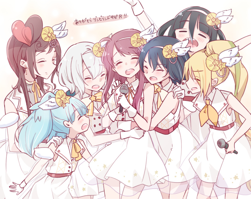 6+girls 66ta1yak1 age_difference black_hair blonde_hair blue_hair brown_hair closed_eyes cowboy_shot dress hair_ornament hand_on_another&#039;s_shoulder happy hoshikawa_lily hug konno_junko long_hair matching_outfits microphone minamoto_sakura mizuno_ai multiple_girls nikaidou_saki purple_hair short_hair smile star_(symbol) star_hair_ornament twintails white_dress white_hair yamada_tae yuugiri_(zombie_land_saga) zombie_land_saga