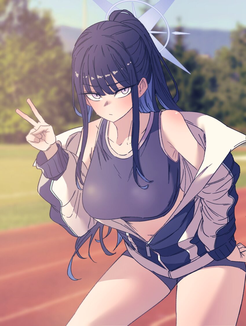 1girl absurdres alternate_hairstyle anygatsby black_hair black_sports_bra blue_archive blue_eyes blue_hair breasts buruma day halo highres jacket leaning_forward long_hair outdoors ponytail running_track saori_(blue_archive) solo sports_bra track_and_field track_jacket track_uniform v