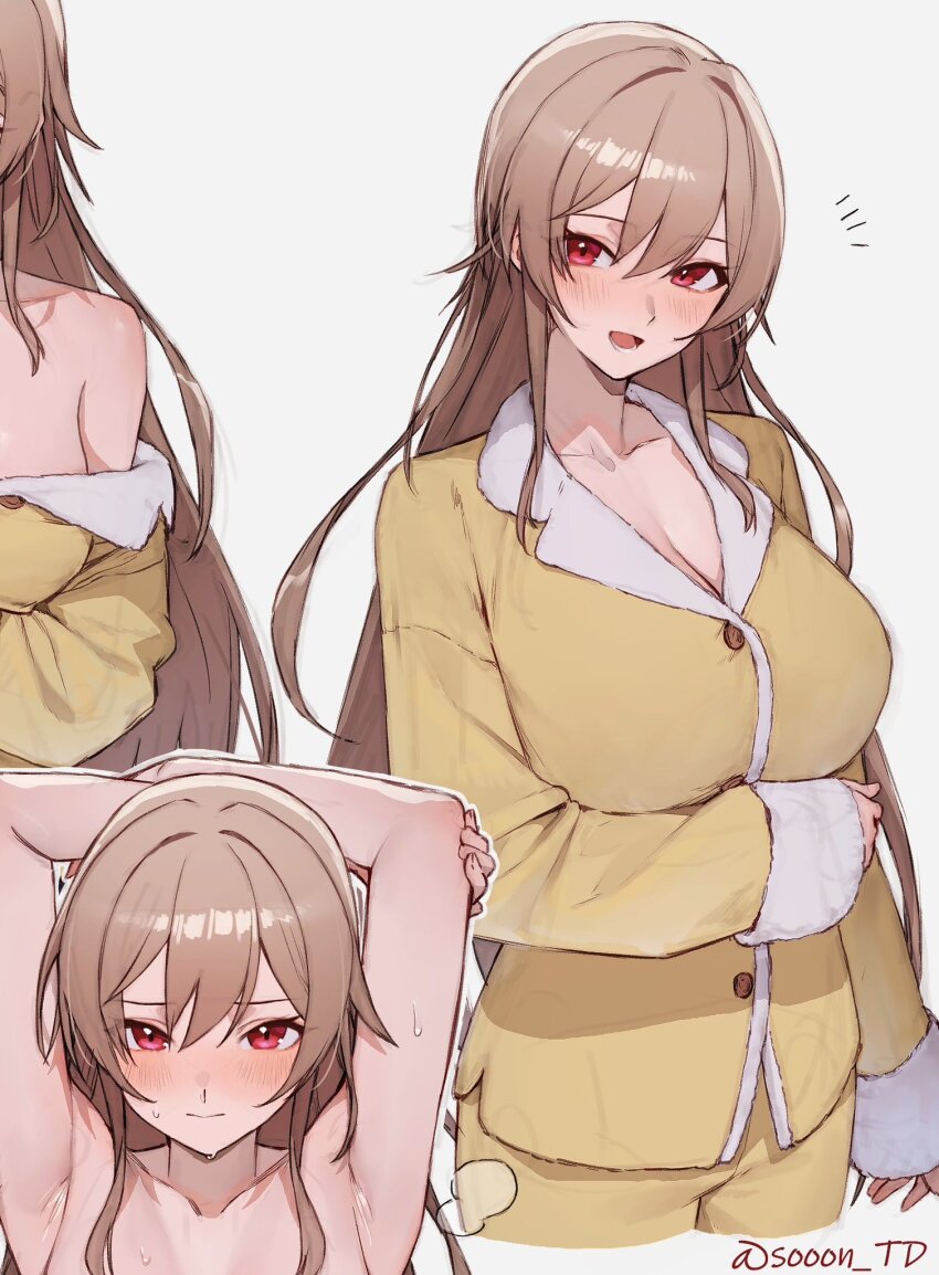 1girl arm_under_breasts armpits arms_behind_head blush breasts breath brown_hair buttons cleavage collarbone cropped_legs fur_trim furen_e_lustario hair_between_eyes highres large_breasts long_hair long_sidelocks long_sleeves looking_at_viewer lower_teeth_only multiple_views nijisanji notice_lines nude off_shoulder open_mouth out_of_frame pajamas red_eyes sidelocks simple_background smile solo sooon sweat teeth twitter_username very_long_hair virtual_youtuber white_background yellow_pajamas