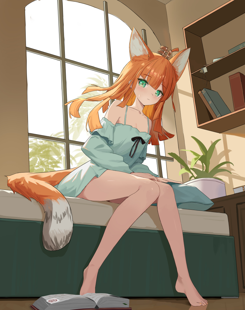 1girl absurdres animal_ears arknights bare_shoulders barefoot bed bedroom book bookshelf breasts chinese_commentary cleavage closed_mouth commentary_request day dress full_body green_dress green_eyes highres indoors knees_together_feet_apart looking_at_viewer medium_hair on_bed open_book orange_hair papyrus_(arknights) plant potted_plant sitting small_breasts solo spaghetti_strap sunlight tail window youtanhuayuan255