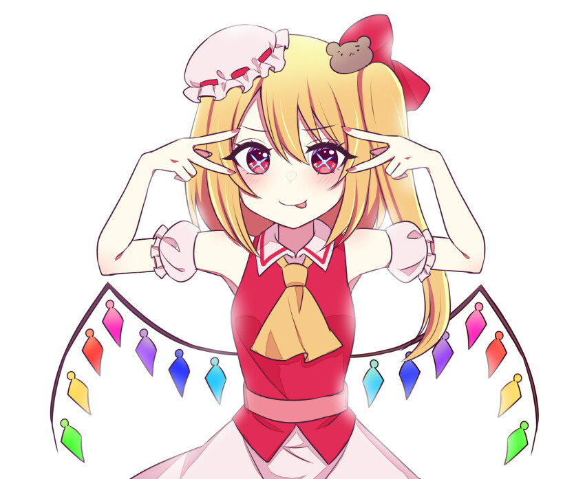 1girl ascot blonde_hair blush closed_mouth crossover crystal double_v fingernails flandre_scarlet hair_between_eyes hat highres hoshino_ai&#039;s_pose long_hair looking_at_viewer mob_cap nail_polish one_side_up oshi_no_ko parody pose_imitation red_eyes red_nails red_vest simple_background smile solo subaru_(subachoco) tongue tongue_out touhou v vest white_background white_hat wings yellow_ascot