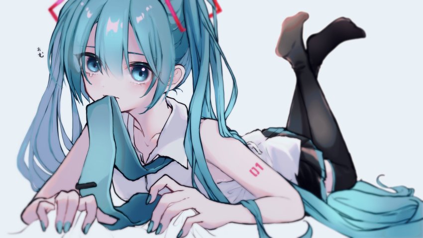 1girl absurdres aqua_eyes aqua_hair aqua_nails aqua_necktie bare_shoulders bed_sheet black_skirt black_thighhighs blurry blurry_background collarbone depth_of_field feet_up hair_ornament hatsune_miku highres katorea long_hair looking_at_viewer lying meme miniskirt mouth_hold nail_polish necktie necktie_in_mouth no_shoes on_stomach pleated_skirt sheet_grab shirt shoulder_tattoo skirt sleeveless sleeveless_shirt solo tattoo tears thighhighs twintails very_long_hair vocaloid white_shirt