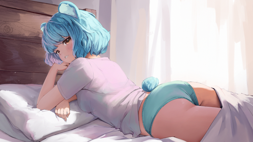 1girl absurdres animal_ears ass bear_ears bear_girl bear_tail bed blanket blue_hair brown_eyes commentary curtains english_commentary fang grin hand_on_own_cheek hand_on_own_face highres icey_snowpaws looking_at_viewer looking_back lying on_stomach panties rurikon shirt short_hair short_sleeves smile solo sunlight t-shirt tail underwear vallure virtual_youtuber