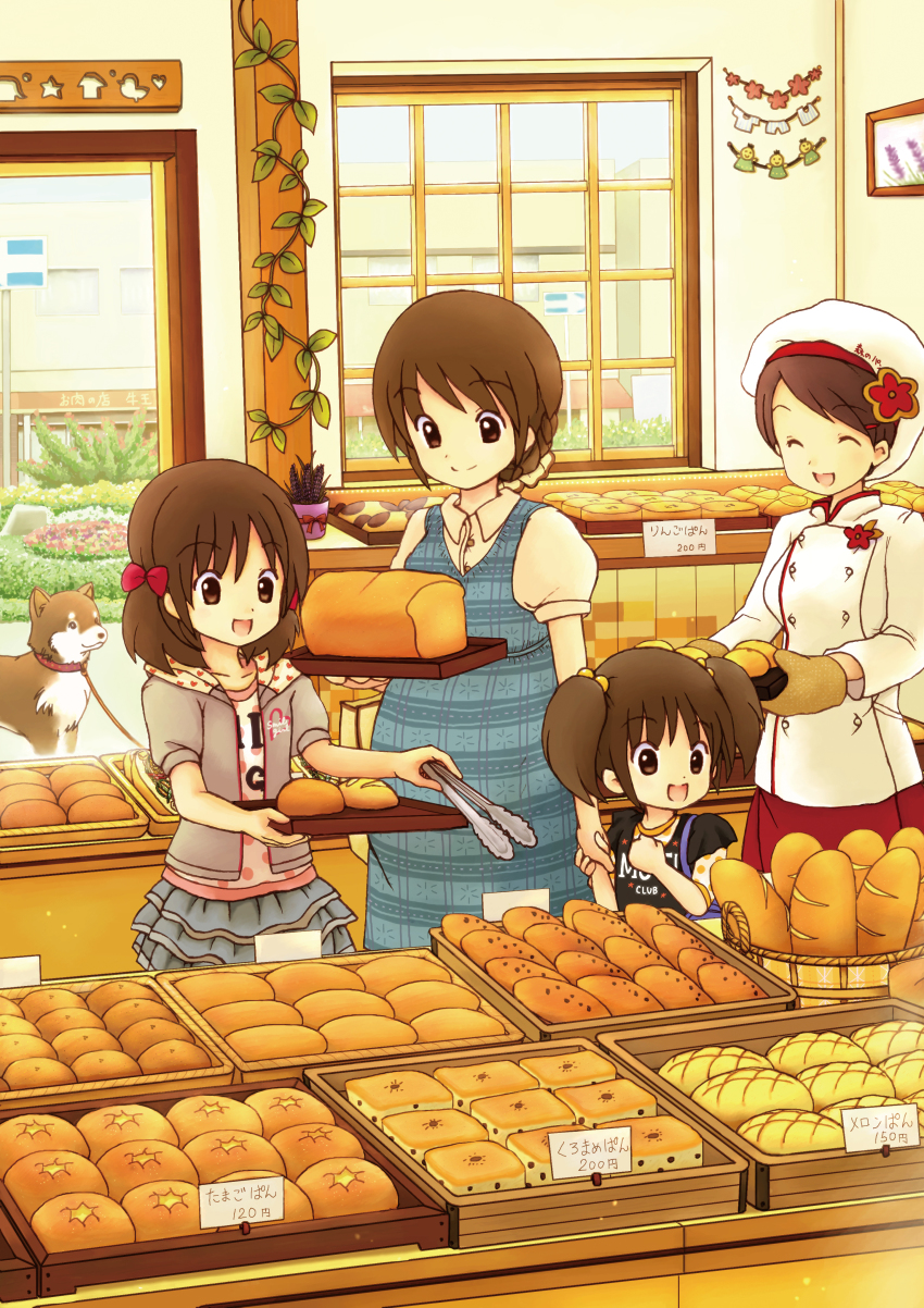 4girls ^_^ absurdres bad_id bad_pixiv_id bow bread breasts brown_eyes brown_hair child closed_eyes dog eijima_moko family food hair_bobbles hair_bow hair_ornament hat highres japanese_text multiple_girls open_mouth original pregnant salad_tongs shiba_inu smile twintails window