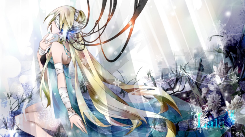 1girl bandages bare_shoulders blindfold blonde_hair blue_dress dress female_focus headphones jewelry light_rays lily_(vocaloid) long_hair nail_polish necklace sitting snowflakes solo sunbeam sunlight tyouya very_long_hair vocaloid