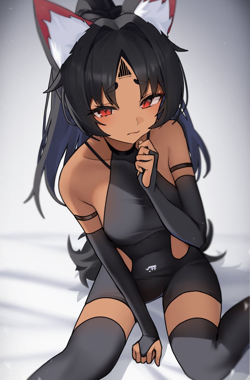 1girl absurdres animal_ears bare_shoulders black_bodysuit black_bridal_gauntlets black_hair black_thighhighs bodysuit bridal_gauntlets cat_ears cat_girl collarbone dark_skin facial_mark forehead_tattoo hand_up high_ponytail highres long_hair looking_at_viewer nekomiya_mana red_eyes sleeveless sleeveless_bodysuit solo stirrup_legwear thighhighs thomas_8000 toeless_legwear triangle triangle_facial_mark zenless_zone_zero