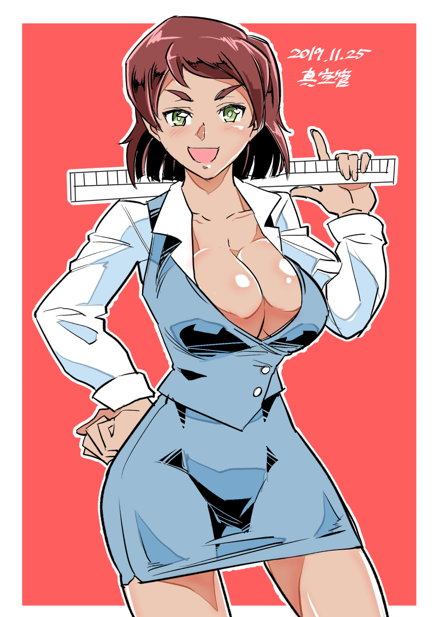 1girl absurdres alternate_costume artist_name blue_skirt blue_vest blunt_ends bob_cut breasts brown_hair cleavage commentary cowboy_shot dark-skinned_female dark_skin dated dress_shirt girls_und_panzer green_eyes hand_on_own_hip highres holding large_breasts long_sleeves looking_at_viewer miniskirt no_bra office_lady one-hour_drawing_challenge open_mouth outline pencil_skirt red_background ruler shinkuukan_(tetsuo3) shirt signature skirt smile solo standing swept_bangs tristana_(girls_und_panzer) vest white_outline white_shirt