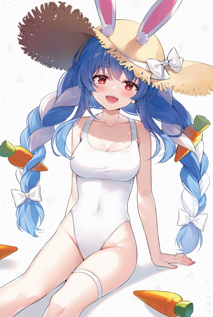 1girl alternate_breast_size animal_ears ayamy blue_hair braid breasts carrot carrot_hair_ornament cleavage collarbone food-themed_hair_ornament hair_ornament hat highres hololive long_hair looking_at_viewer medium_breasts multicolored_hair one-piece_swimsuit open_mouth rabbit_ears rabbit_girl red_eyes sitting smile solo straw_hat swimsuit teeth twin_braids upper_teeth_only usada_pekora virtual_youtuber white_background white_hair white_one-piece_swimsuit