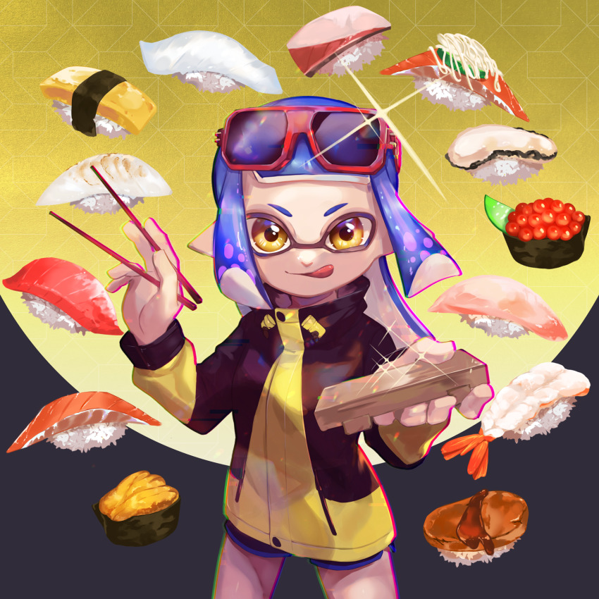 1girl :q black_jacket black_shorts blunt_bangs chopsticks closed_mouth commentary_request cowboy_shot eyewear_on_head fish_(food) food gunkanmaki highres holding holding_chopsticks ikura_(food) inkling inkling_girl inkling_player_character jacket long_hair long_sleeves looking_at_viewer multicolored_clothes multicolored_jacket nigirizushi nintendo omelet pointy_ears purple_hair red-framed_eyewear salmon short_bangs shorts shrimp solo sparkle splatoon_(series) sunglasses sushi sushi_geta tamagoyaki tentacle_hair textless_version tongue tongue_out two-tone_jacket yamagishi_chihiro yellow_eyes yellow_jacket