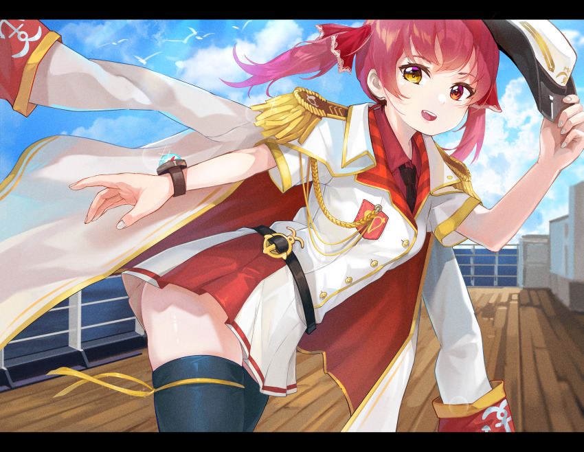 1girl :d alternate_costume blue_sky collared_shirt hair_ribbon hat heterochromia highres holding holding_unworn_clothes holding_hat holding_unworn_clothes hololive houshou_marine jacket jacket_on_shoulders leaning_forward long_hair looking_at_viewer miniskirt open_mouth red_eyes red_hair red_ribbon red_shirt red_skirt ribbon ship ship_deck shirt short_sleeves skindentation skirt sky smile solo thighhighs twintails two-tone_shirt unworn_hat unworn_headwear virtual_youtuber watercraft white_hat white_jacket white_shirt white_skirt white_thighhighs yellow_eyes yoshikawa_hiro zettai_ryouiki