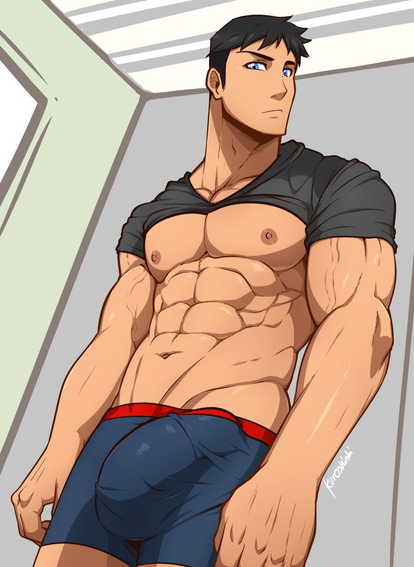 1boy abs absurdres bara black_hair black_shirt blue_eyes boxers bulge closed_mouth clothes_lift dark-skinned_male dark_skin dc_comics erection erection_under_clothes highres kon-el kuroshinki looking_at_viewer male_focus male_underwear muscular muscular_male pectorals shirt shirt_lift short_hair solo superboy underwear upper_body veins young_justice