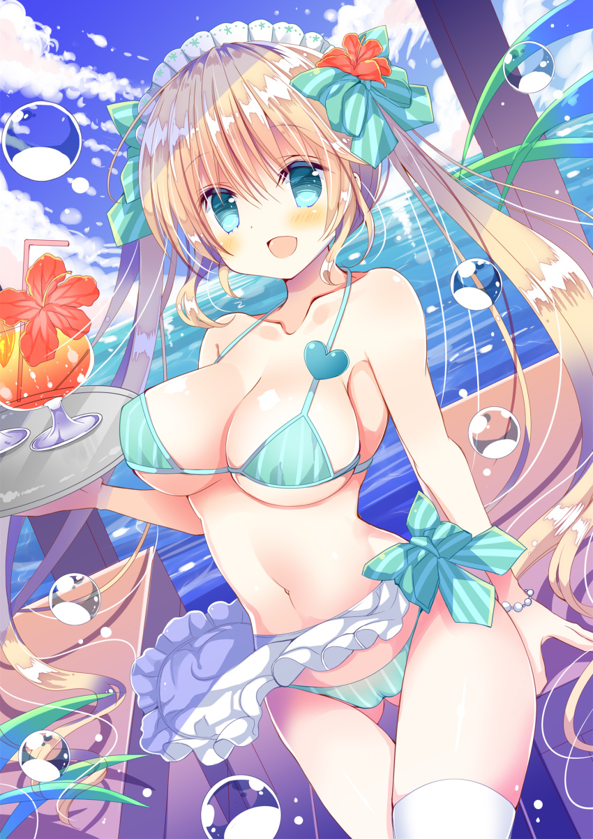 1girl aqua_eyes bikini blonde_hair breasts bubble cleavage cup day drink drinking_glass drinking_straw flower hair_flower hair_ornament hashimo_yuki heart hibiscus highres large_breasts long_hair maid maid_bikini moe2018 navel original smile solo swimsuit twintails unconventional_maid very_long_hair