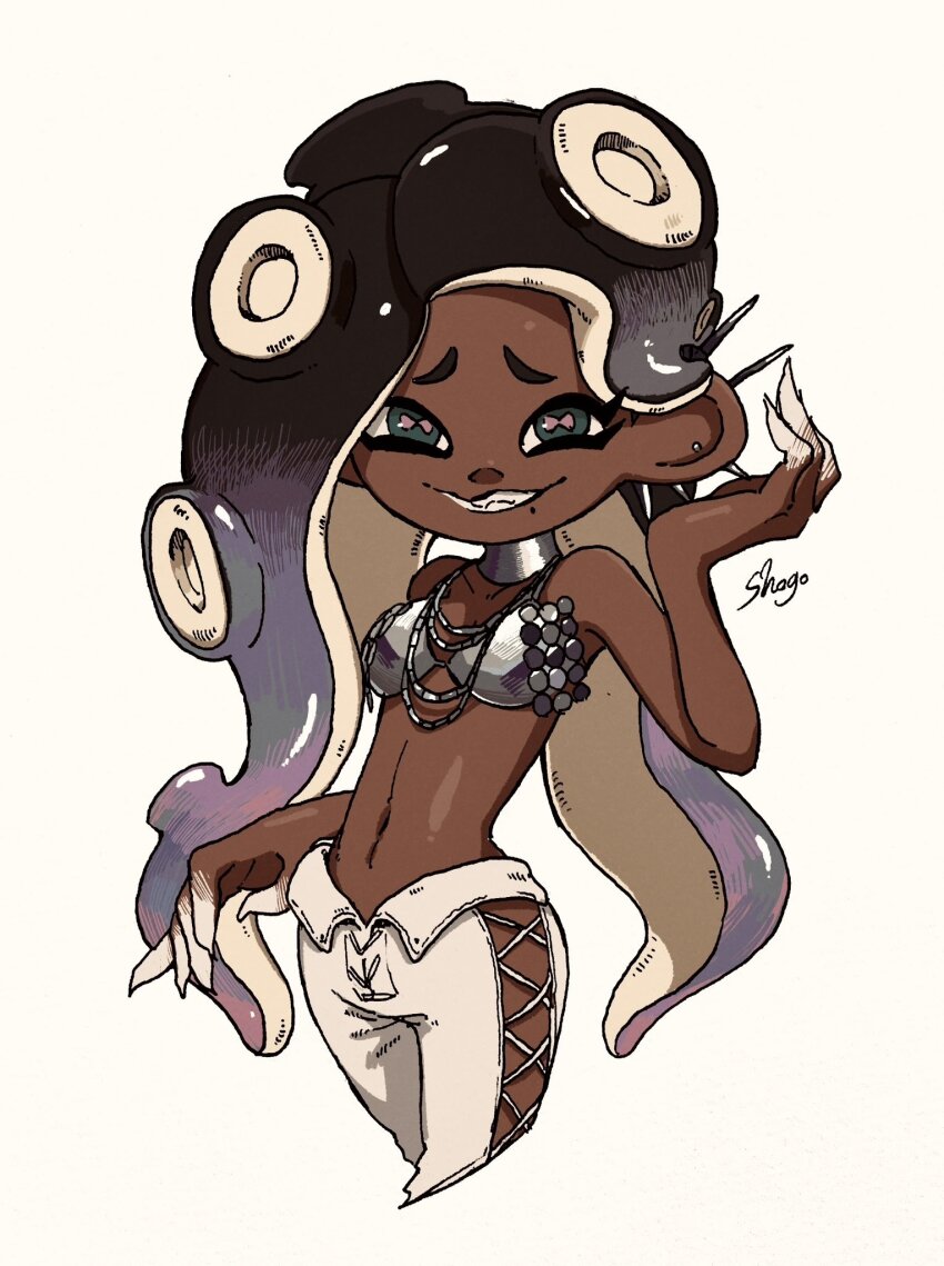 1girl aqua_eyes arm_up artist_name bare_shoulders bikini bikini_top_only breasts brown_hair cephalopod_eyes commentary_request cropped_legs cross-laced_slit dark-skinned_female dark_skin earrings furrowed_brow gradient_hair grey_bikini grey_choker grin highres horizontal_pupils jewelry long_hair marina_(splatoon) midriff mole mole_under_mouth multicolored_hair navel necklace nintendo octoling official_alternate_costume pants parted_bangs pink_pupils purple_hair shiny_clothes shogo_(shogo70449442) side_slit simple_background smile solo splatoon_(series) splatoon_3 stud_earrings suction_cups swimsuit tentacle_hair two-tone_hair white_background white_pants