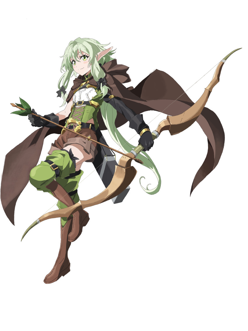 1girl absurdres arrow_(projectile) black_gloves black_ribbon boots bow_(weapon) brown_footwear closed_mouth elf full_body gloves goblin_slayer! green_eyes green_hair hair_ribbon high_elf_archer_(goblin_slayer!) highres holding holding_arrow holding_bow_(weapon) holding_weapon long_hair looking_at_viewer pointy_ears ribbon simple_background solo tripolis very_long_hair weapon white_background