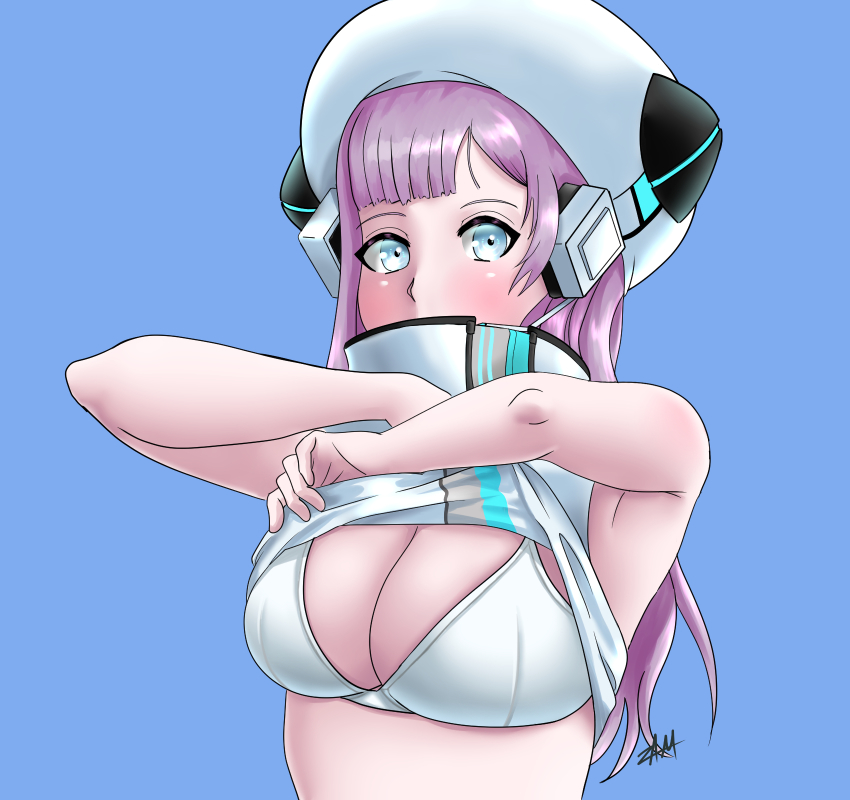 1girl armpits artist_request bare_shoulders blush bra breasts cleavage clothes_lift d4dj hat headphones highres izumo_saki large_breasts long_hair looking_at_viewer purple_hair shirt_lift solo tagme underwear undressing white_bra white_eyes