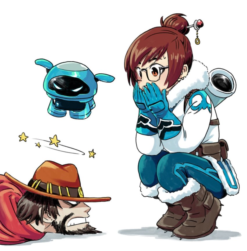 1boy 1girl beard blue_gloves blue_pants boots brown_eyes brown_footwear brown_hair cape cassidy_(overwatch) cowboy_hat facial_hair fur_trim gloves hair_bun hat highres jacket mei_(overwatch) nakahara_kaihei overwatch overwatch_1 pants red_cape seeing_stars simple_background single_hair_bun snowball_(overwatch) squatting white_background white_jacket