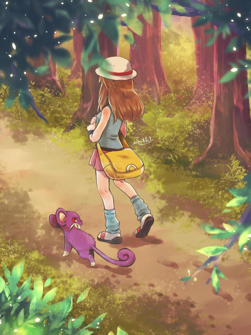 1girl black_wristband brown_hair commentary_request creatures_(company) day eiki_(yumekapu) footprints game_freak gen_1_pokemon grass hat highres kneepits leaf_(pokemon) long_hair loose_socks nintendo outdoors path pleated_skirt pokemon pokemon_(creature) pokemon_frlg rattata red_skirt road shirt shoes skirt sleeveless sleeveless_shirt socks standing tree walking white_hat yellow_bag