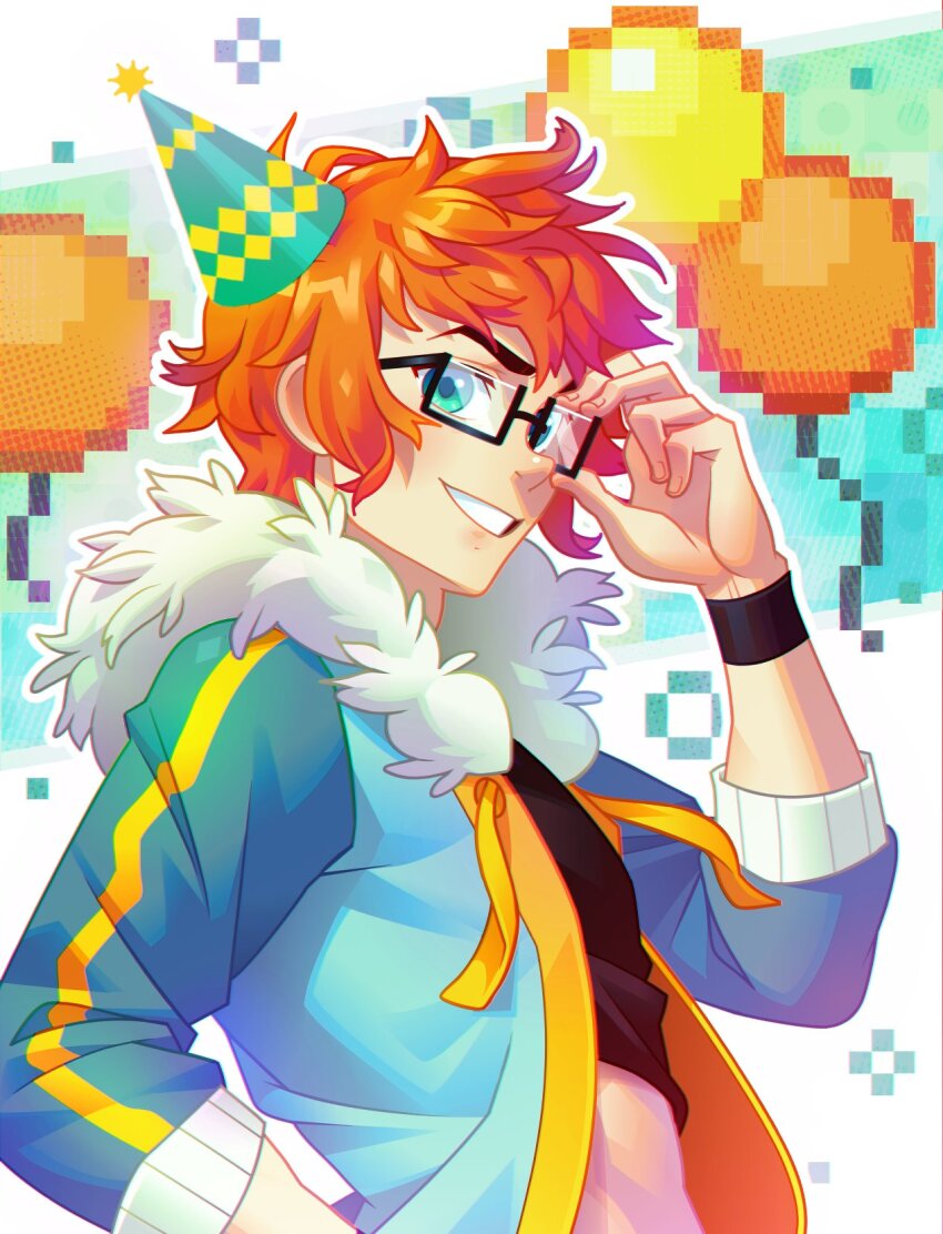 1boy anon_(blush_blush) artist_request balloon birthday black_shirt blue_eyes blue_jacket blush_blush commentary english_commentary fur-trimmed_jacket fur_trim glasses hat highres jacket male_focus official_art orange_eyes party_hat sad_panda_studios shirt smile